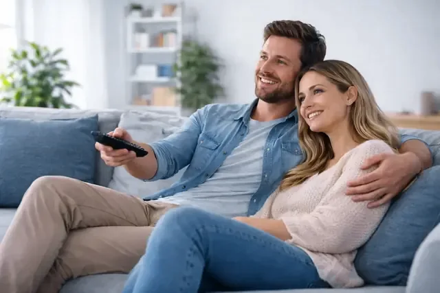 A household settled in front of the TV on a winter evening with SMARTIFLIX