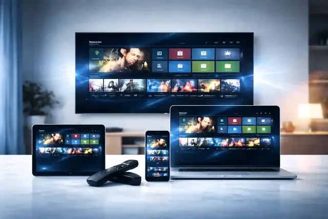 SMARTIFLIX playing on a television, a tablet, a laptop and a phone in the same home