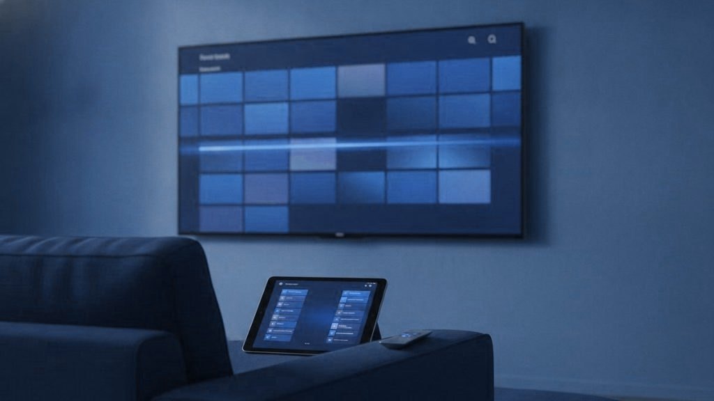 A phone and a tablet showing channel lists on a sofa, with a TV programme guide grid on the screen behind them