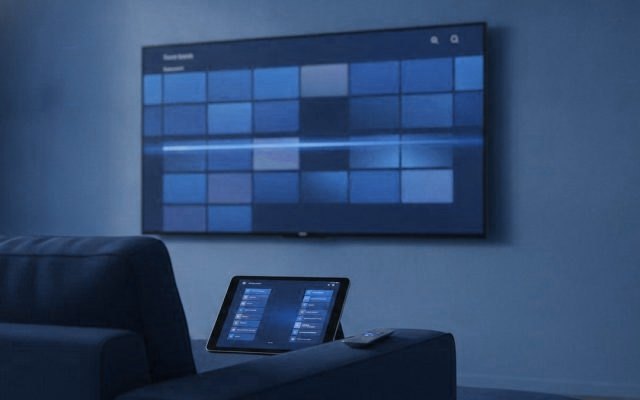 A phone and a tablet showing channel lists on a sofa, with a TV programme guide grid on the screen behind them
