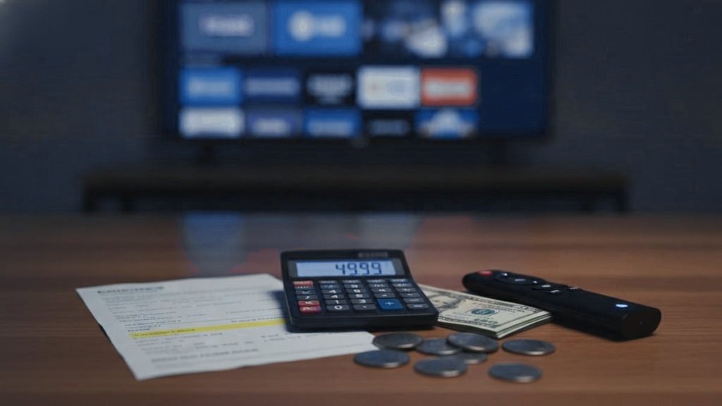 Banknotes, coins and a calculator beside a streaming stick and remote, laid out to work out the cost of TV