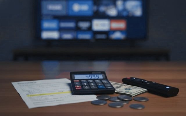 Banknotes, coins and a calculator beside a streaming stick and remote, laid out to work out the cost of TV