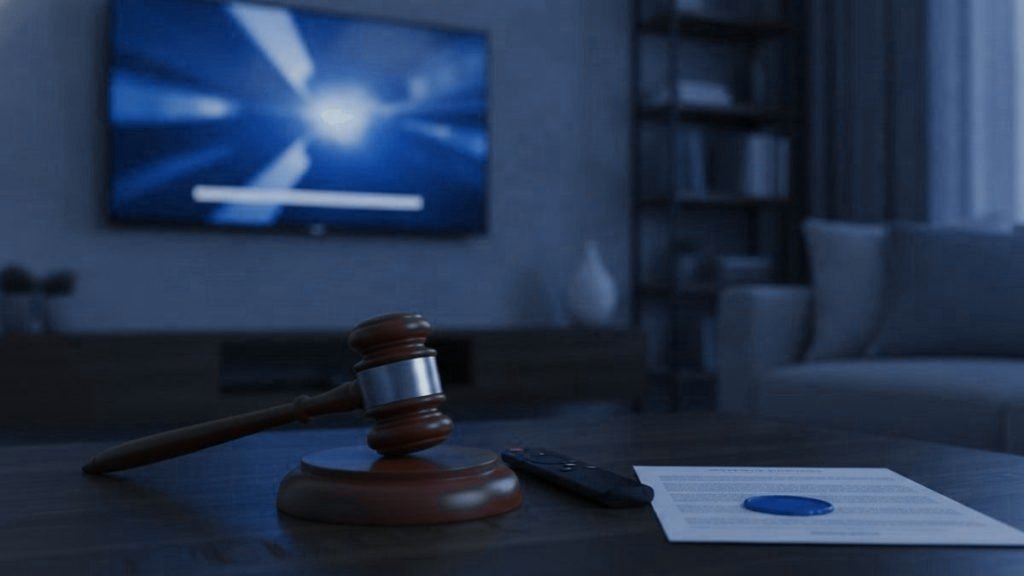 A sealed envelope, a streaming remote and a judge's gavel on a coffee table facing a television
