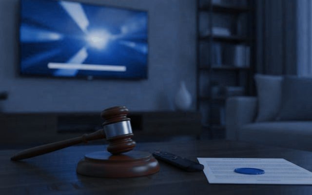 A sealed envelope, a streaming remote and a judge's gavel on a coffee table facing a television