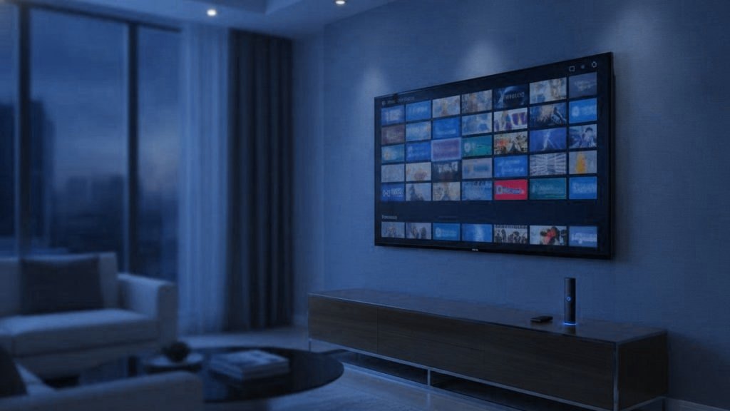 Streaming stick on a TV console below a television showing a programme guide in a living room