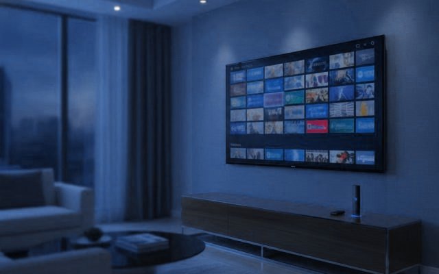 Streaming stick on a TV console below a television showing a programme guide in a living room